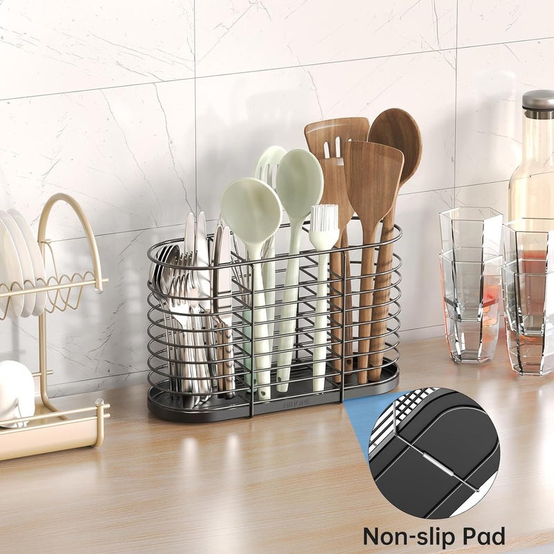 NiHome Large Cabinet Door Lid Organizers, 3-Compartment Cooking Tools Storage Holder, Black Metal Cooking Utensil Organizer with Black Silicone Tray for Organizing Cutlery,Spatula Utensil,Gadgets - Image 2